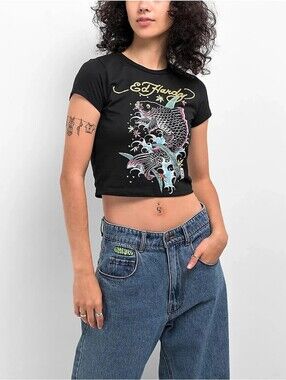 Ed Hardy Koi Splash Black Crop T-Shirt tattoo fish y2k size large new NWT